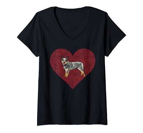 Womens Australian Cattle Dog Valentines Day Dog Love Fingerprint V-Neck T-Shirt, Black