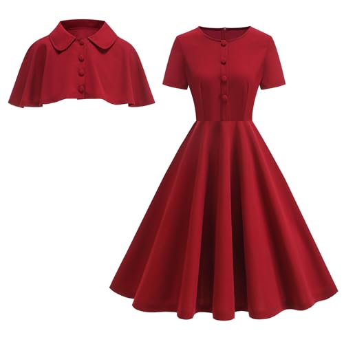 OMEWEE Damen Umhangkleid 1950er Vintage Cocktail Party Kleider Kurzarm A-Linie Swing Ballkleid Elegant Formell Hochzeit Gäste Kleider, rot, XL