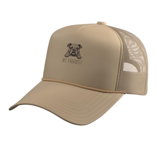 English Bulldog Trucker Hat with Adjustable Mesh Back, Khaki
