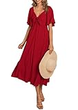 PRETTYGARDEN Summer Dress for Women 2025 Casual Short Sleeve Bow Tie V Neck Ruffle Midi Flowy Dresses (Red,Medium)