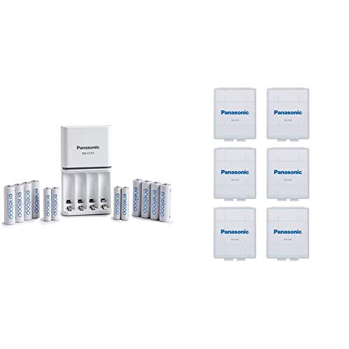 Panasonic K-KJ55MC84CZ eneloop Power Pack; 8AA, 4AAA, and Advanced Battery 3 Hour Quick Charger Bundle with Panasonic BQ-CASE6SA Battery Storage Cases with 4AA or 5AAA Battery Capacity, 6 Pack