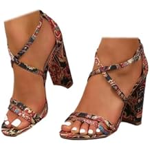 SACFOF Chunky Block High Heels for Women Floral Print Pump Heeled Sandals Open Toe Ankle Strap Buckle Party Dress Shoes
