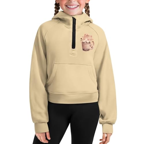 Breathable Girls Hoodie for Sports Stretchy Half Zip Raglan Cropped Sweatshirt with Front Pocket Ages 5-142
