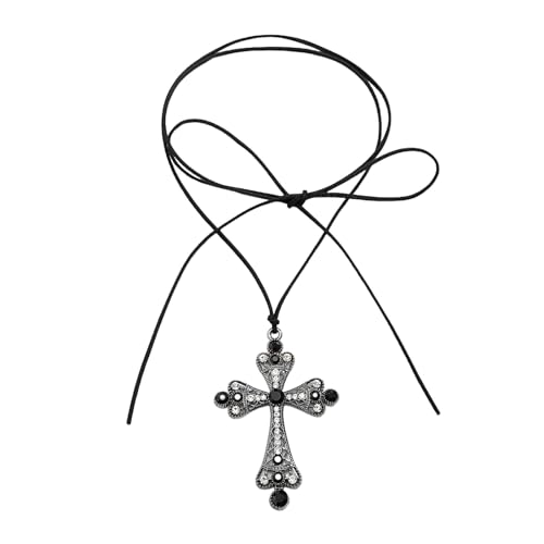 Collier ras du cou gothique avec pendentif croix en strass noir et velours pour femme
