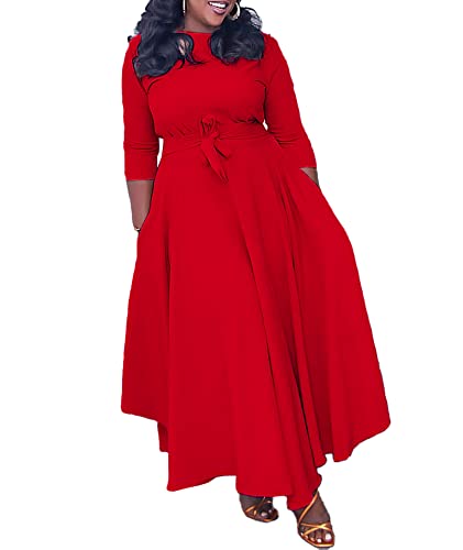 Image of SOMTHRON Women's Casual 3 /4 Sleeve Long Maxi Dress A-Line Flared Solid Wrap Tie Waist Swing Dresses
