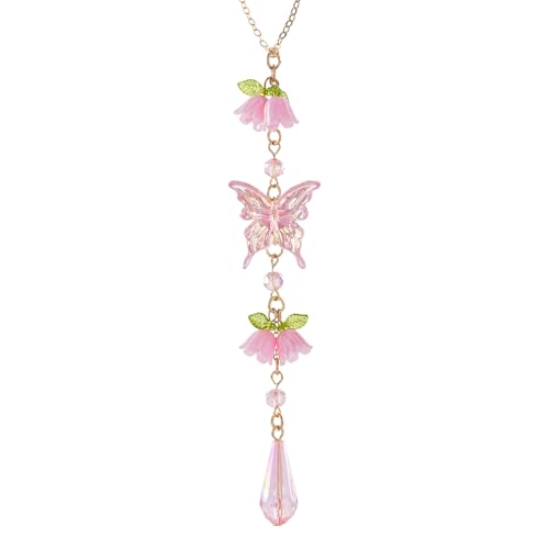 LuneClat Butterfly Crystal Car Rearview Mirror Charm - Pink Lily of The Valley Flower Beaded Pendant, Elegant Hanging Cars Interior Decor Ornament & Accessories, for Women