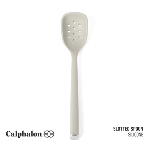 Image of Calphalon Edge Silicone Slotted Spoon /Skimmer, Flexible Heat-Resistant Kitchen Strainer Spoon for Cooking, Frying, Skimming, Draining & Serving, Taupe