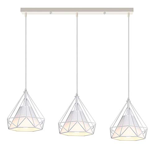 iDEGU Lámpara de Techo 3 Luces, E27 Iluminación Colgante Vintage Industrial Forma de Jaula de Diamante Metal Pantalla Lámpara Colgante, 25CM, 50cm base, Blanco