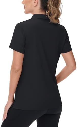 TACVASEN Black Women Polo Shirts UPF 50+ Golf Shirt V Neck Short Sleeve Shirt Sun Protection Collared Shirt for Work Quick Dry, L