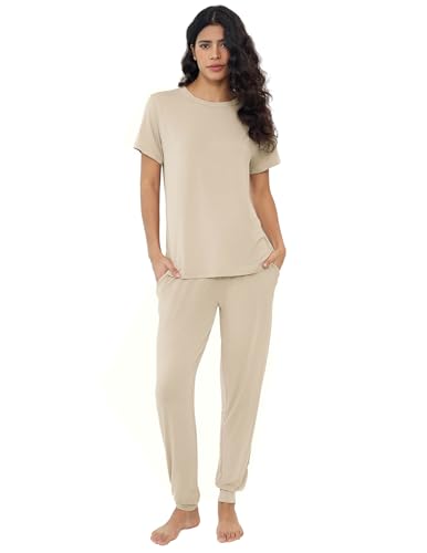 Image of Joyaria Bamboo Viscose Pajamas Women Ultra Soft Short Sleeve Jogger Pants Pjs Set Cooling Sleepwear