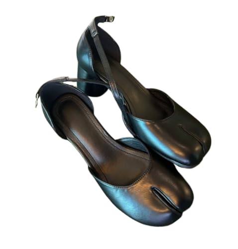 Tabi Shoes Split Toe Ballet Flats Women Cute Tabby Mary Janes Low Heel Loafers Leather Ankle Strap Comfort Wear Tennis & Racquet Sport Shoes Retro Back to School Gifts for Daughters Granddaughters (Black,4)