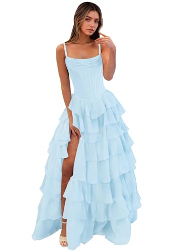 Women's Ruffle Tiered Sky Blue Prom Dresses Long 2026 A Line US14