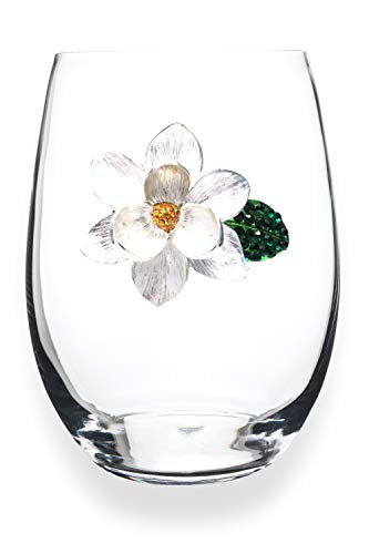 THE QUEENS' JEWELS Magnolia Jeweled Stemless Wine Glass, 21 oz. - Unique Gift for Women, Birthday, Cute, Fun, Not Painted, Decorated, Bling, Bedazzled, Rhinestone