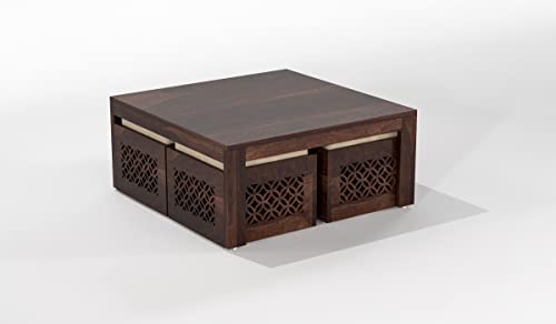 Image of Sheeshsam Wooden Coffee Table with 4 Stools for Living Room - Solid Wood Coffee Table with Cushion Seating Stools Tea Table Teapoy Center Piece for Home Sofa Center Table (Kaine Walnut)