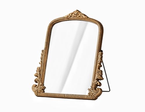 TenFuju Espejo de escritorio de maquillaje barroco vintage, espejo de mesa de arco dorado antiguo, pequeño espejo decorativo de pie para tocador, dormitorio, sala de estar, 11.8 x 9.6 pulgadas