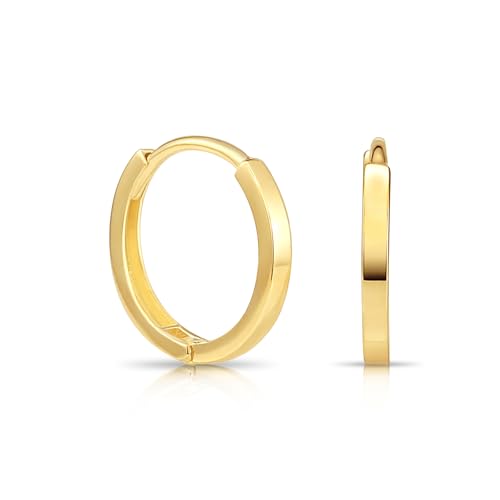 Image of 14K Yellow Gold Huggie Hoop Earrings, Shiny and Small, Round and Oval