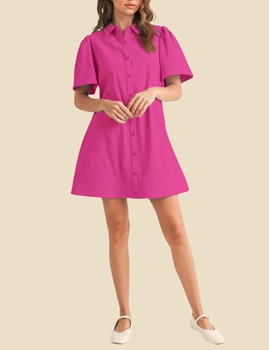 Image of Womens Short Sleeve Button Down Mini Shirt Dress Lapel Collar Short Dresses with Pocket