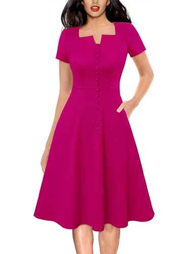VFSHOW Womens Business Square Neck Notch Work Office A-Line Vintage Church Fit and Flare Dress