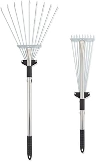 Adjustable Garden Leaf Rake, Telescopic Metal Handle with Ergonomic Grip, Multi-Position Fan Head