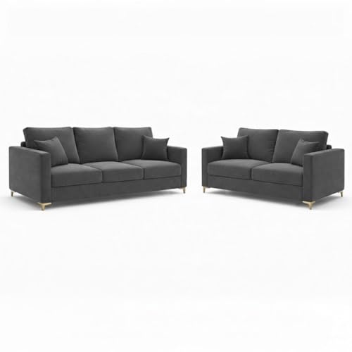 Image of Hayes Rich Velvet Suede 3 Seater + 2 Seater Sofa Set with Ottoman | Golden Aesthetic Legs | 6 Person Seating Capacity | Spacious Soft Touch Comfort | Modern Living Room Sofa (Dark Gray)