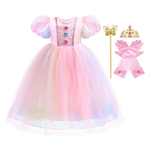FMYFWY Girls Aurora Princess Rainbow Dress Sleeping the Beauty Halloween Costume Christmas Birthday Party Gown w/Accessories Pink 4-5T