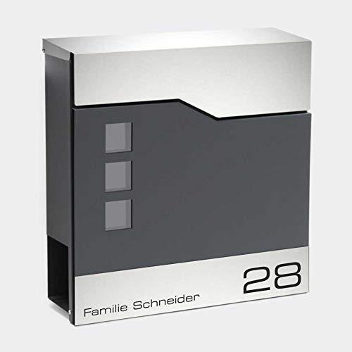 Zalafino Briefkasten mit Name und Hausnummer in anthrazit – individualisierbarer Design-Briefkasten aus pulverbeschichtetem Stahl mit Zeitungsrolle, Briefschlitz und Sichtfeldern, Model Alsfeld