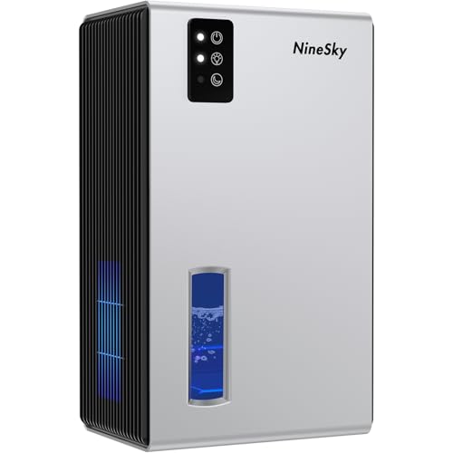 NineSky Dehumidifiers for Home, 95 OZ Water Tank, (1000 sq.ft) Dehumidifiers for Bathroom Bedroom Basement with Auto Shut Off,7 Colors LED Light(Silver)