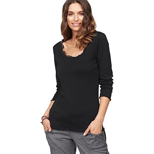 Muwodkdn Haut Dentelle Femme Manche Longue Femme T Shirt Casual Dentelle Top Col Rond Blouse Automne Hiver Chemise avec Ourlet Volanté Chemise Douce et Finement Côtelée Noir L Cover