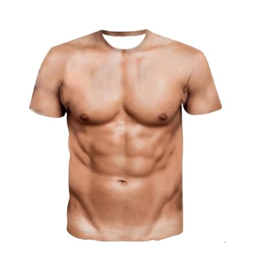 Herren T-Shirt mit Muskel-Print - Lustiges 3D-Druck Funktionsshirt mit Sixpack-Motiv | Witziges Kostüm-Shirt für Party, Fasching und Sport