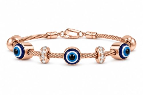 Image of Evil Eye Charm Bracelet for Women | Rose Gold Crystal Cable Bracelet | Designer Fashion Anti-Turnish Jewellery | Gift for Women & Girls