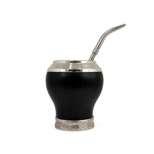 BALIBETOV Large Wooden Mate Gourd with Bombilla | Handmade Argentine Copón Mate Cup | Wide Alpaca Silver Rim & Engraved Base | Cured Dark Wood