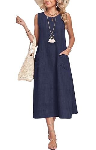 Robe d'été sans manches col rond dotée de poches discrètes et tissu léger