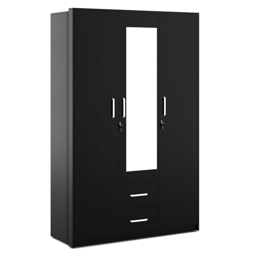 Image of Spacewood Apex 3 Door Wardrobe with Mirror | Natural Wenge Finish | Engineered Wood Almirah with 3 Drawers (1 Lockable) & 2 Hanging Spaces | Bedroom Cupboard Almari | 3-Year Warranty