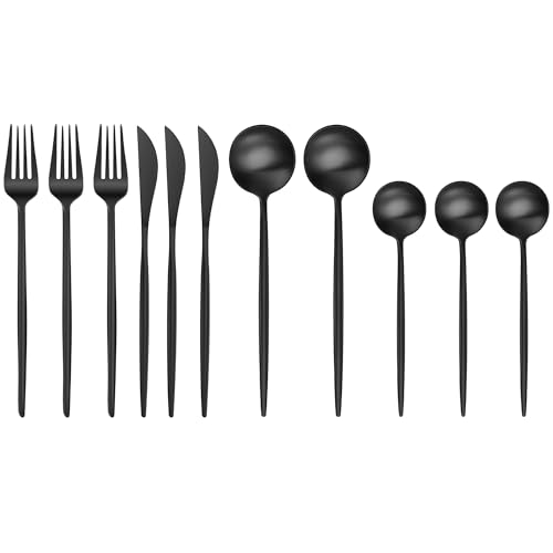 Image of aDai Matte Black Silverware Set | Satin Finish 12-Piece Stainless Steel Flatware Set | Dishwasher Safe Cutlery for Home, Restaurant & Gifting