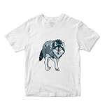T-shirt pour homme avec loup majestueux aux yeux jaunes bleu féroce animal blanc, blanc, L