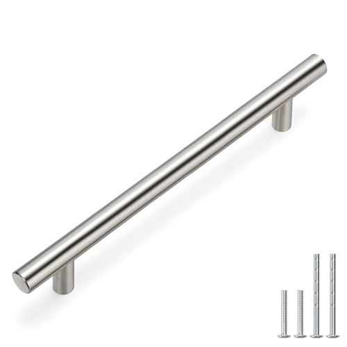 Image of homdiy (100 Pack) Drawer Pulls Brushed Nickel Cabinet Pulls HD201SN Cabinet Hardware Euro Style Drawer Handles 6-1 /4in Hole Centers Kitchen Cabinet Handles Cupboard Handles