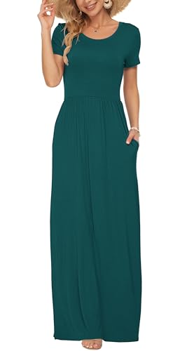 Image of AUSELILY Women's Summer Short Sleeve Loose Plain Casual Long Maxi Dresses | Year Round wear solid floral print, Casual wear, Empire waist, Floor length, Side pockets