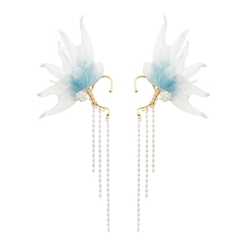 Stunning Mermaid Elf Ear Cuffs with Pearl Tassel Non Piercing Elven Wrap Clip on Earring for Anime Cosplay Costumes Halloween Mermaid Accessories Women Men (Light Blue One Size)
