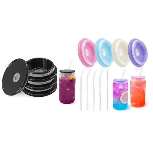 Joyclub Bundle of 8 Pack Acrylic Lids and 4 Pack Glass Straws with 1 Pack Straw Brush Fit for 16oz Glass Cups
