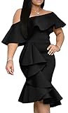 GOBLES Women's Elegant Off The Sholder Back Zipper Ruffles Bodycon Midi Cocktail Dress Black
