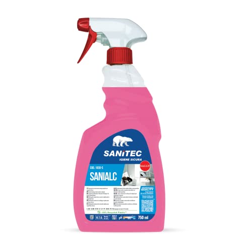 Sanitec Sanialc, limpiador universal, perfumado, a base de alcohol, para limpiar y desengrasar sin enjuagar y sin dejar marcas, secado rápido, 100% fabricado en Italia, botella de 750 ml Cover