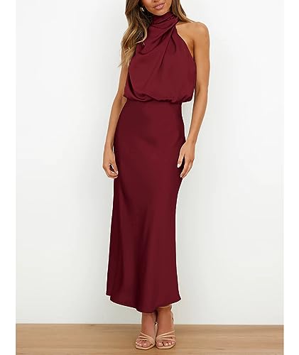 Image of Sexyshine Women's Elegant Halter Tie Neck Sleeveless Satin Long Dress Backless Split Cocktail Party Formal Wedding Maxi Dress