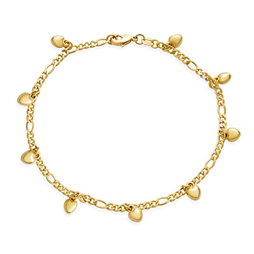 Bling Jewelry Multi Heart Dangle Charms Anklet Figaro Chain Ankle Bracelet For Women Teens Girlfriend 18K Gold Plated Brass Adjustable 9 To 9.5 Inch With Extender #TOP22