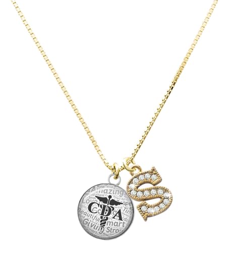 Delight Jewelry Silvertone Domed Black CDA Goldtone Crystal Initial - S - Charm Necklace, 17.5"+2"