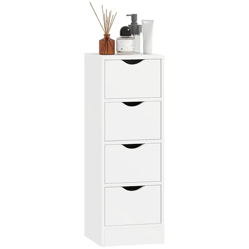 HOMCOM Meuble de Salle de Bain, Meuble de Rangement avec 4 tiroirs et poignées en rainure, Armoire Salle de Bain, Salon, Chambre, Petits espaces, 29 x 29 x 83 cm, Blanc