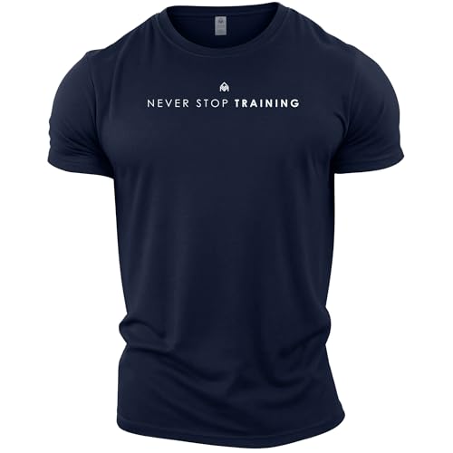 Image of GYMTIER Never Stop Training Men's Gym T-Shirt Bodybuilding Training Workout Lifting Top Clothing, Navy, L