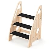 Toddler Step Stool, Wooden Height-Adjustable 3-Step Stool for Kids, Potty Training Stool with Handles and Non-Slip Pads for Bathroom Sink, Kitchen, Bedroom
