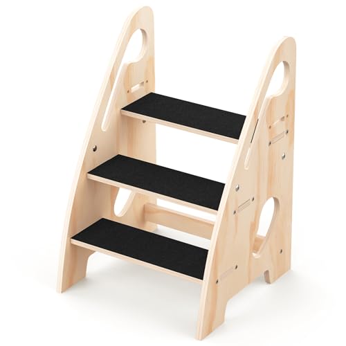 Wooden 3-Step Toddler Stool with Handles & Non-Slip Pads