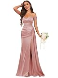 Huaxiafan Satin Prom Dress Off The Shoulder Pleated Top Mermaid Long Dusty Rose Bridesmaid Dress with Slit Size 14