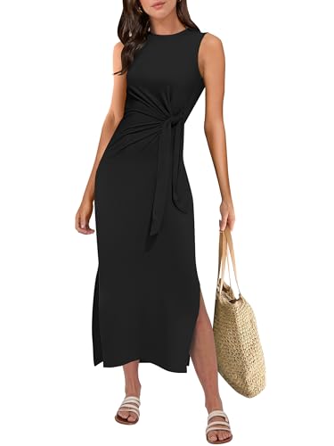 ANRABESS Womens Summer Casual Sleeveless T Shirt Midi Dress Slim Fit Tie Waist Split Tank Long Dresses 2025 Vacation Sundress Black Medium